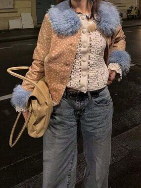 Tan & Blue Preppy Women's Faux Fur Jacket